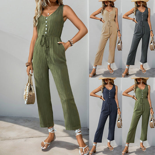 Casual Jumpsuit Drawstring Sleeveless One-Piece Trousers | Opulentfits